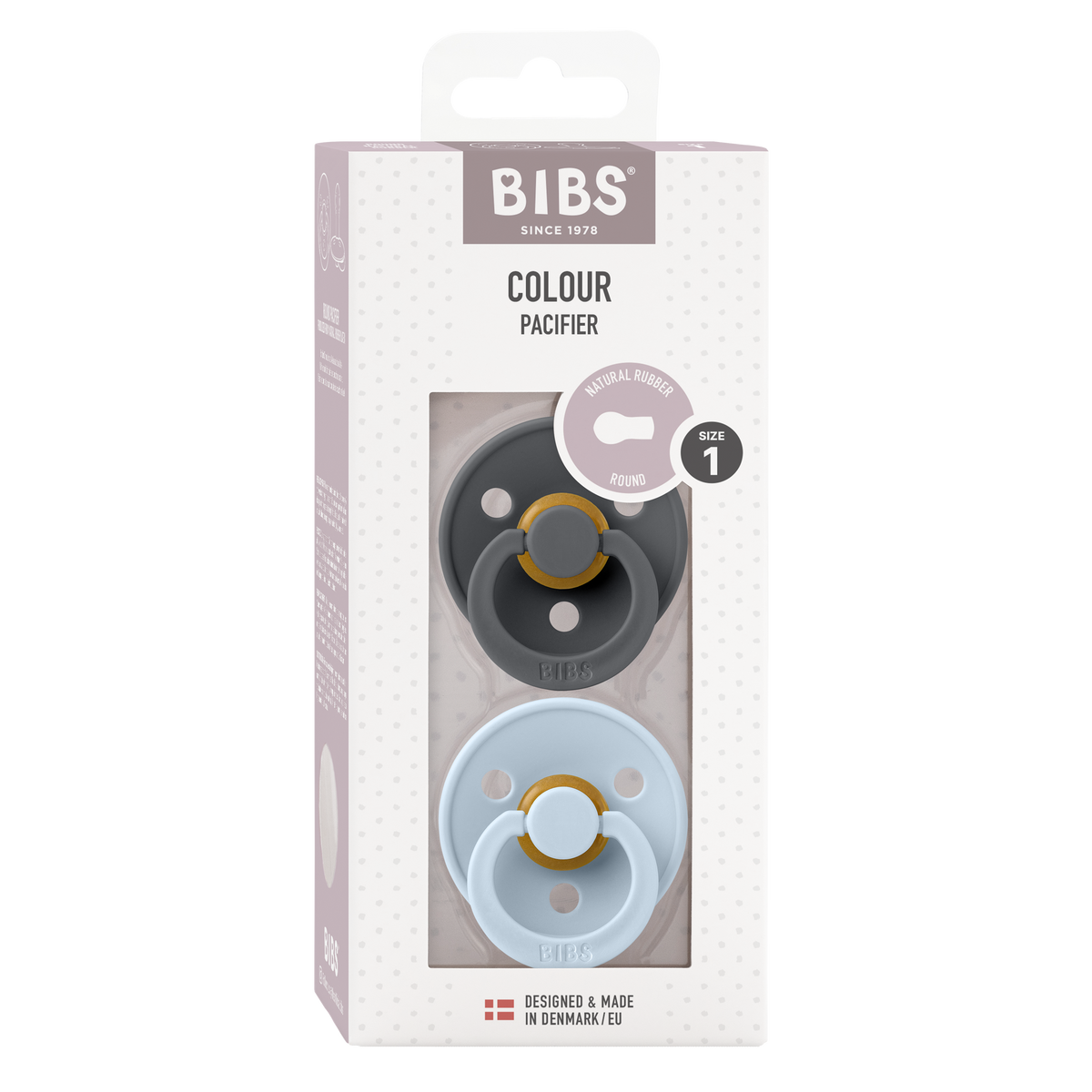 Bibs - COLOUR Pacifier Iron/Baby Blue 2pk LATEX
