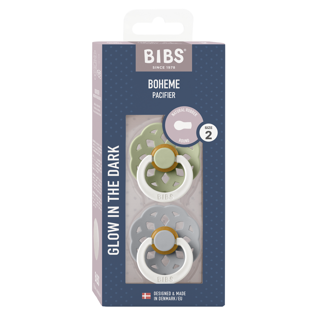 Bibs - BOHEME Pacifier Sage/Cloud (Glow in the dark) 2pk LATEX
