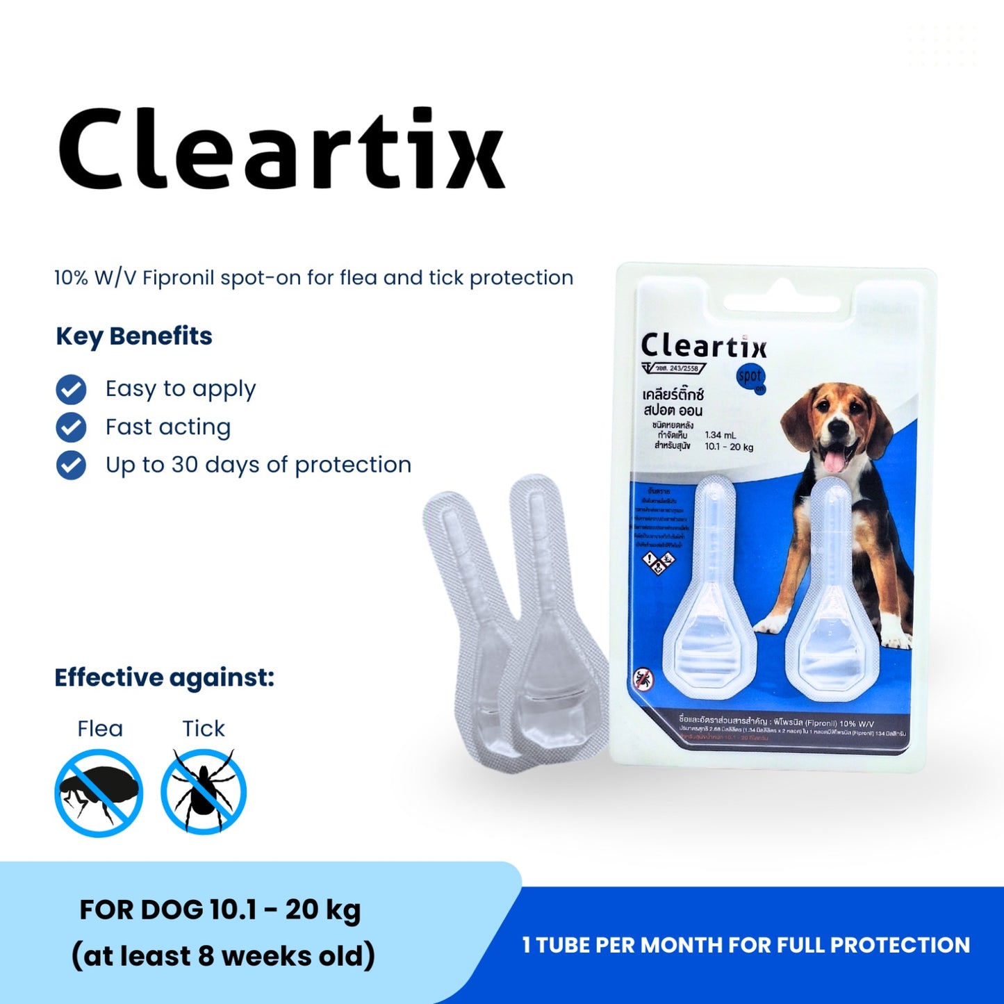 CLEARTIX - Spot-On for Dogs, 2 tubes per pack (For DOG Up to 10.1-20KG)(At least 8 weeks old)