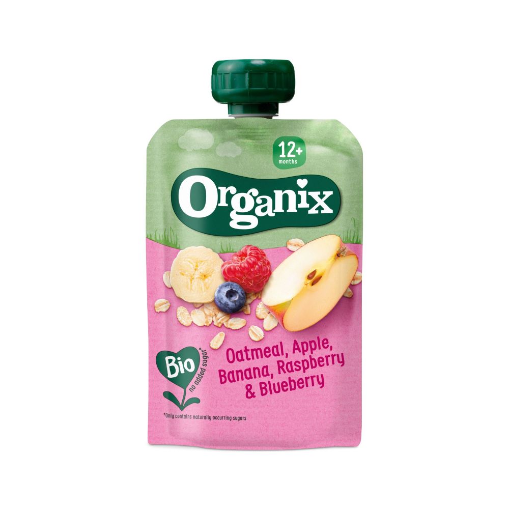 Organix - Oatmeal, apple, banana, raspberry & blueberry puree 12m+ 100g Best Before: 12 Mar 2024